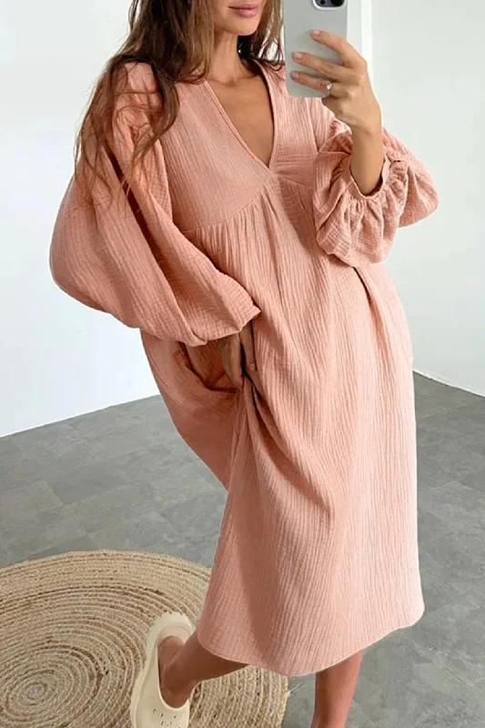 Backless Women Dress for a Sexy and Alluring Look at Evening EventsDouble Crepe V Neck Puff Sleeve Loose Dress