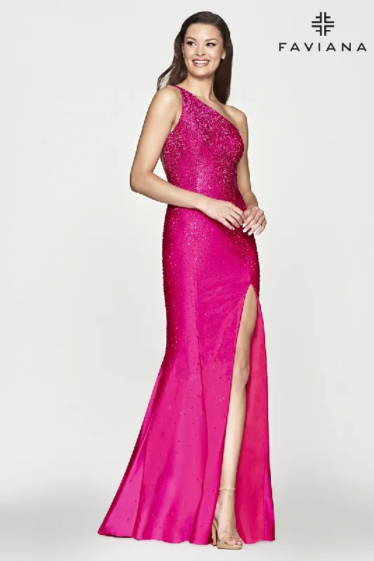 Sleeveless Women Dress in Bright Colors for Summer PartiesFaviana One Shoulder Heat Stone Prom Dress S10632