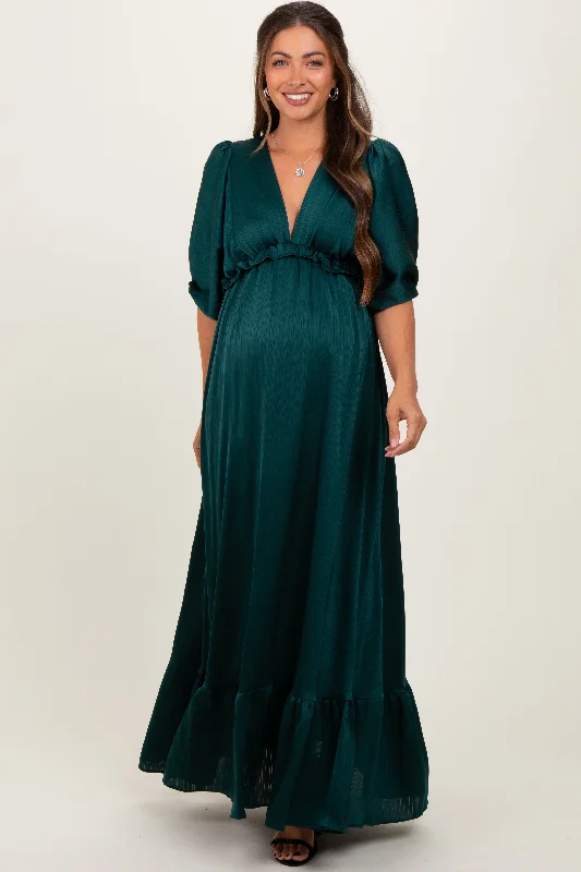 Wrap - Style Women Dress with Adjustable Fit for All Body TypesForest Green Striped Ruffle Accent Maternity Maxi Dress