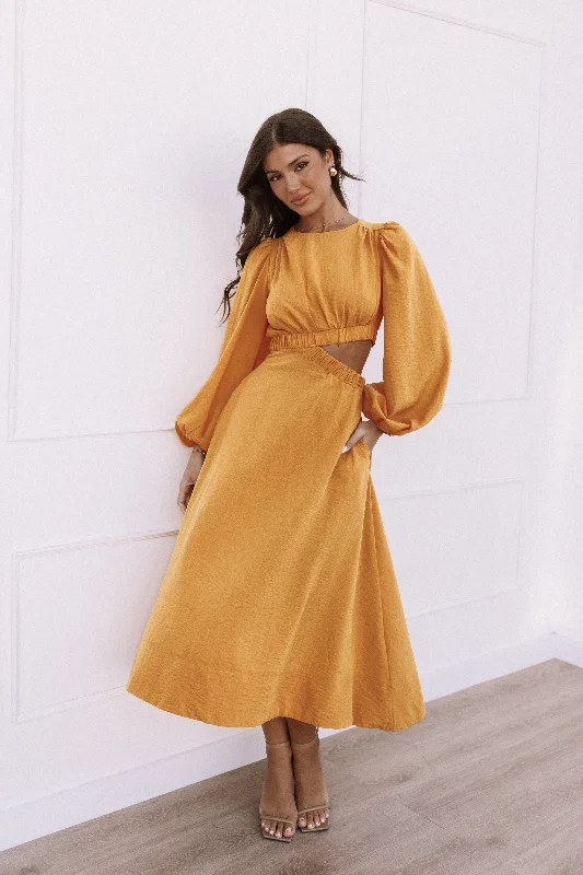 Sheath Women Dress with a Tailored Fit for a Professional LookGinnee Puff Sleeve Cutout Midi Dress - Mustard