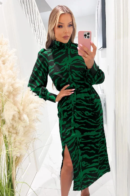 Wrap - Style Women Dress with Adjustable Fit for All Body TypesGreen Animal Print High Neck Long Sleeve Midi Dress