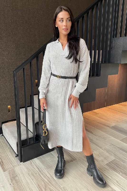 Shift Women Dress with a Simple and Classic Design for Everyday WearGrey Knit Long Sleeve Collared Midi Dress