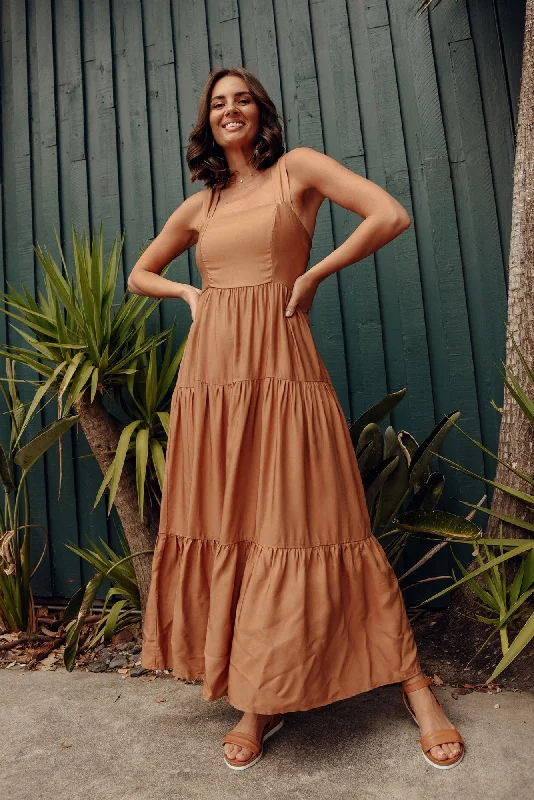 Backless Women Dress for a Sexy and Alluring Look at Evening EventsHeart and Soul Caramel Maxi Dress