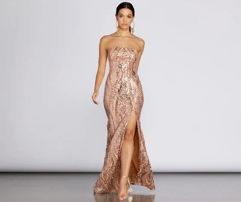 Printed Abstract Women Dress for a Modern and Artistic AppealInes Strapless Sequin Slit Gown