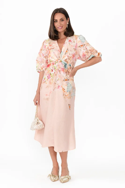 Empire Waist Women Dress to Accentuate the Bust and Conceal the WaistJiselle Pink Floral Linen Blend Dress