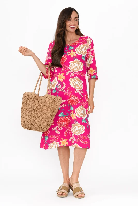 Plus Size Women Dress with a Flattering A - Line Cut for Comfort and StyleJordana Pink Floral Pocket Dress