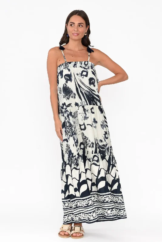 Wrap - Style Women Dress with Adjustable Fit for All Body TypesKenya Navy Abstract Cotton Maxi Dress