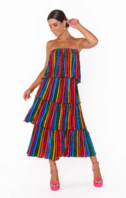 Strapless Women Dress with a Built - in Bra for Comfort and SupportLana Midi Dress ~ Rainbow Parade Pleat