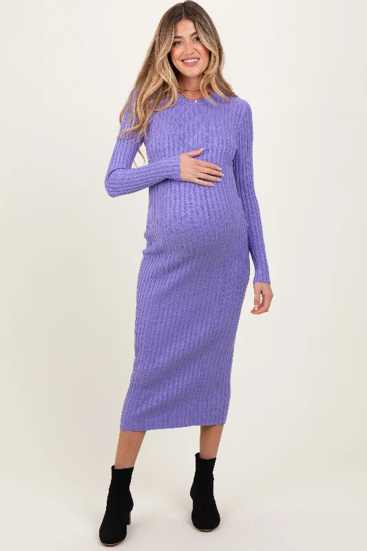 Empire Waist Women Dress to Accentuate the Bust and Conceal the WaistLavender Contrast Ribbed Knit Maternity Midi Dress