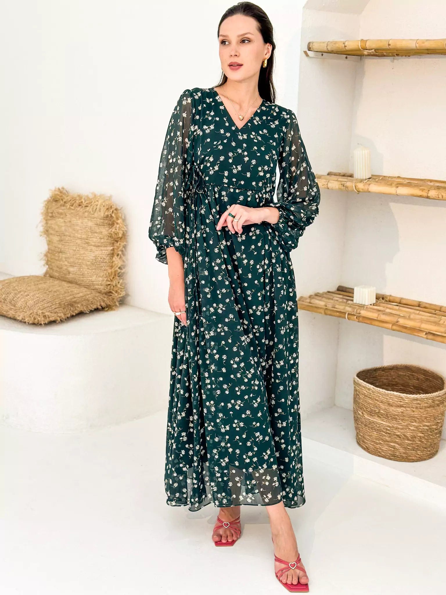 Off - the - Shoulder Women Dress for a Romantic and Feminine LookLiliosa Green Floral Dress