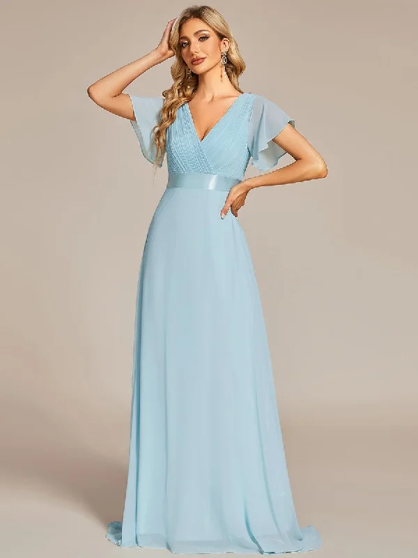 Pleated Women Dress with a Timeless and Elegant TextureMonica | Long Chiffon Empire Waist Bridesmaid Dress with Short Flutter Sleeves