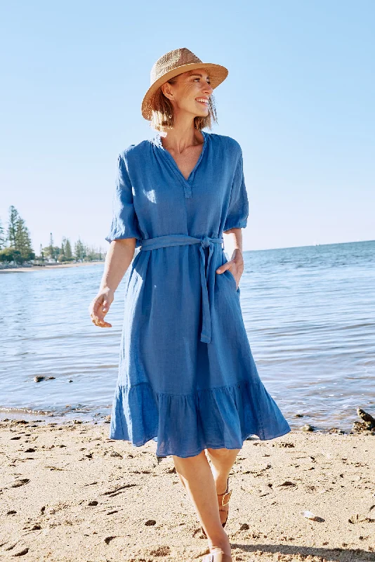 Halter Neck Women Dress to Show Off the Shoulders and NecklineMattea Blue Linen Ruffle Dress