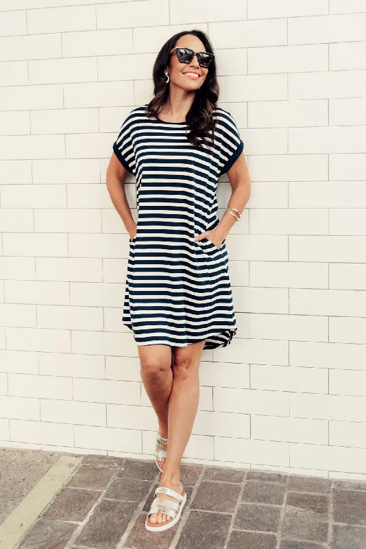 Plus Size Women Dress with a Flattering A - Line Cut for Comfort and StyleMaxine Indigo Stripe Cotton T-Shirt Dress