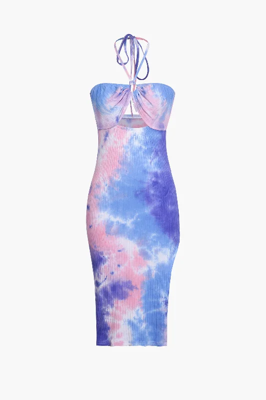 Off - the - Shoulder Women Dress for a Romantic and Feminine LookBlue Tie Dye Halter Neck Midi Dress