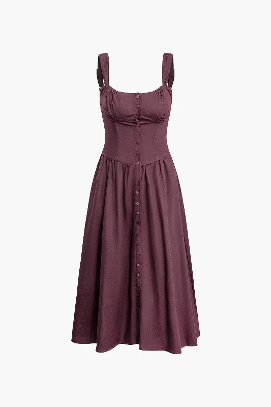 Lace - Embellished Women Dress for an Elegant and Sophisticated AppearanceBraided Tie Ruched Button Up Sleeveless Midi Dress