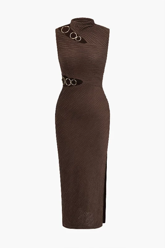 Lace - Embellished Women Dress for an Elegant and Sophisticated AppearanceSolid Metallic Tank Cut Out Asymmetrical Midi Dress