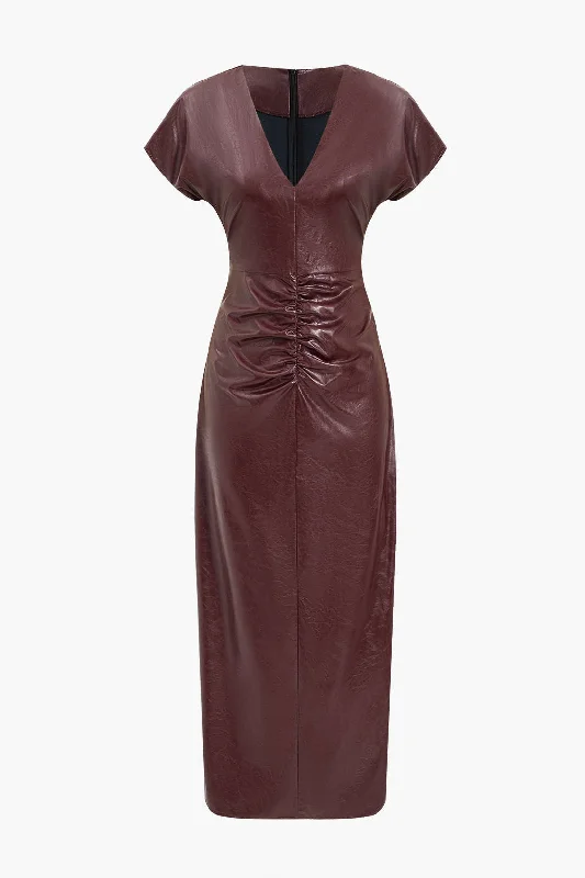 Mermaid - Style Women Dress with a Fitted Silhouette for Special OccasionsFaux Leather Ruched V-Neck Midi Dress