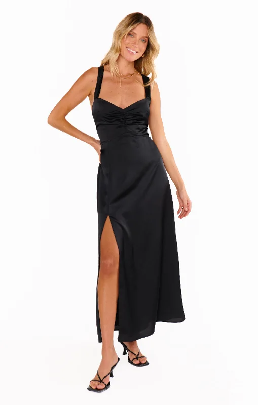 Sleeveless Women Dress in Bright Colors for Summer PartiesMina Midi Dress ~ Black Luxe Satin