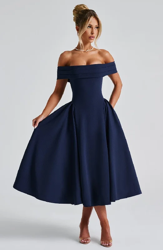 Off - the - Shoulder Women Dress for a Romantic and Feminine LookMiranda Midi Dress - Navy