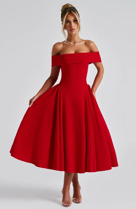 Ruffled Women Dress with Multiple Layers for a Playful and Girly StyleMiranda Midi Dress - Red