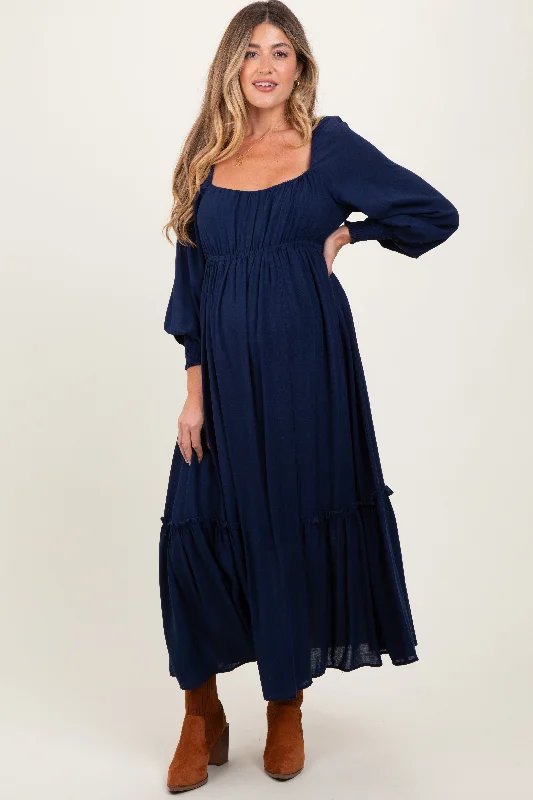 Ruffled Women Dress with Multiple Layers for a Playful and Girly StyleNavy Square Neckline Bubble Sleeve Maternity Maxi Dress