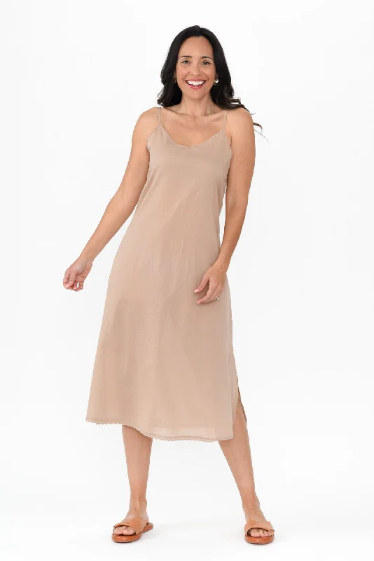 Shift Women Dress with a Simple and Classic Design for Everyday WearNude Cotton Maxi Slip Dress