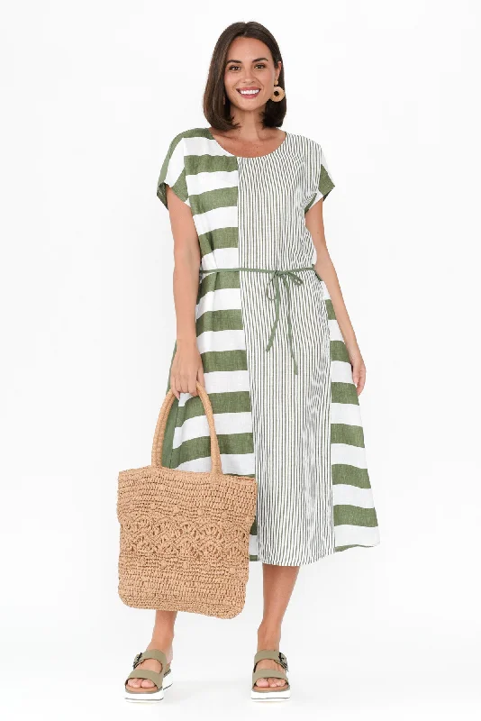 Mermaid - Style Women Dress with a Fitted Silhouette for Special OccasionsNunez Khaki Stripe Linen Blend Dress