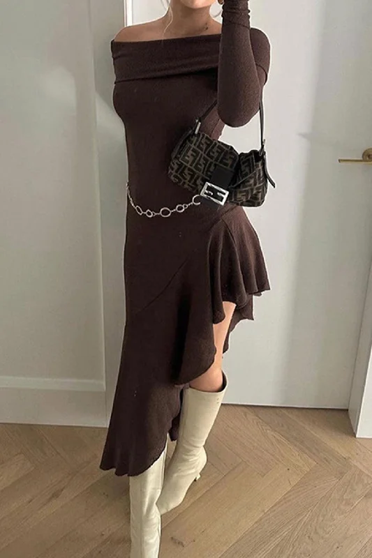 Off - the - Shoulder Women Dress for a Romantic and Feminine LookOff Shoulder Irregular Ruffle Hem Knit Dress