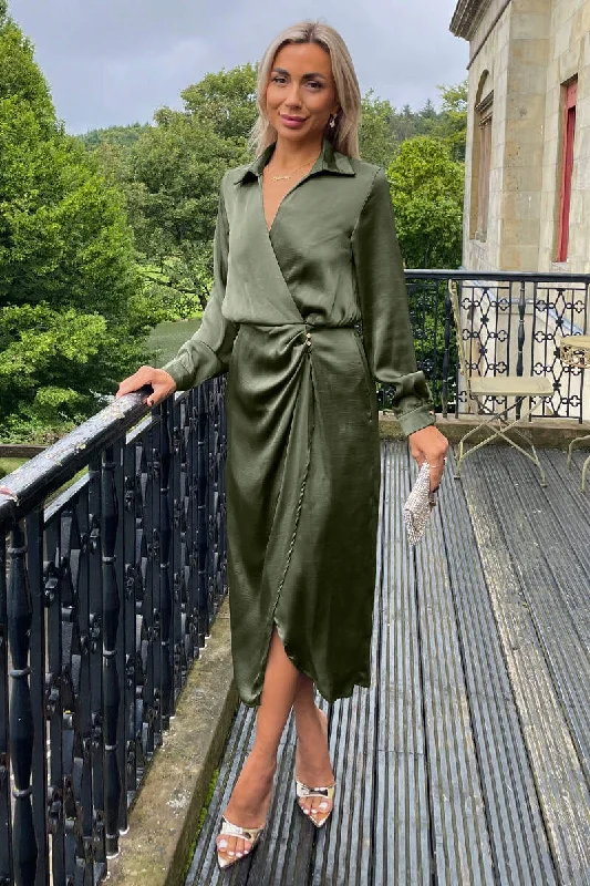 Little Black Women Dress with Sequins for a Glamorous Night OutOlive Wrap Satin Shirt Midi Dress