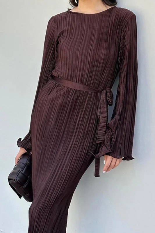 Plus Size Women Dress with a Flattering A - Line Cut for Comfort and StylePleated Long Flares Sleeve Tie-waist Dress