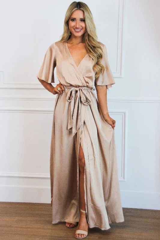 Strapless Women Dress with a Built - in Bra for Comfort and SupportRaleigh Satin Maxi Dress: Champagne