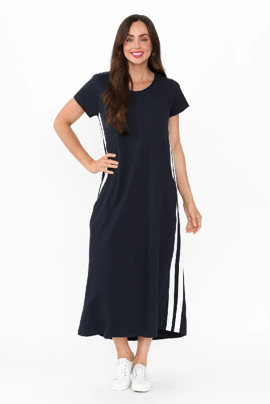 Ruffled Women Dress with Multiple Layers for a Playful and Girly StyleRecovery Navy Trim Cotton Dress