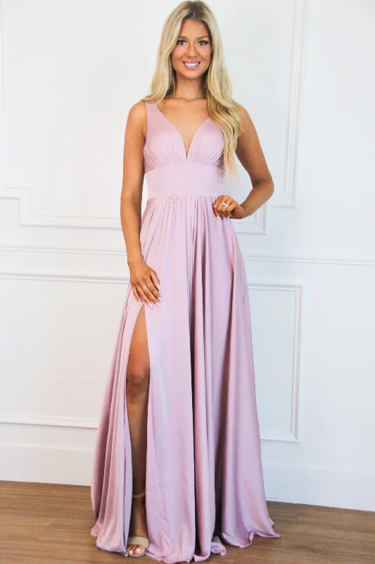 Sheath Women Dress with a Tailored Fit for a Professional LookRemi Satin V-Neck Slit Formal Dress: Mauve