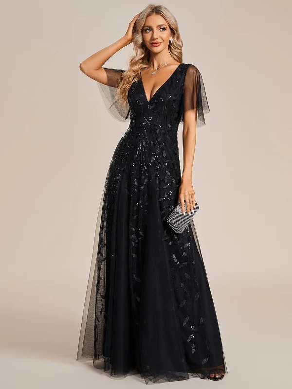 Shift Women Dress with a Simple and Classic Design for Everyday WearShimmery V Neck Ruffle Sleeves Sequin Maxi Long Evening Dress