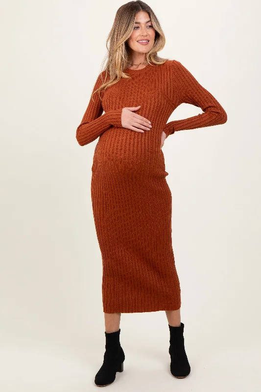 Mermaid - Style Women Dress with a Fitted Silhouette for Special OccasionsRust Contrast Ribbed Knit Maternity Midi Dress