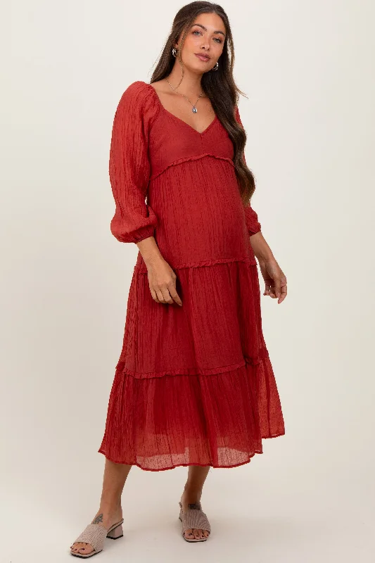 Ruffled Women Dress with Multiple Layers for a Playful and Girly StyleRust Ruffle Accent Tiered Long Sleeve Maternity Maxi Dress