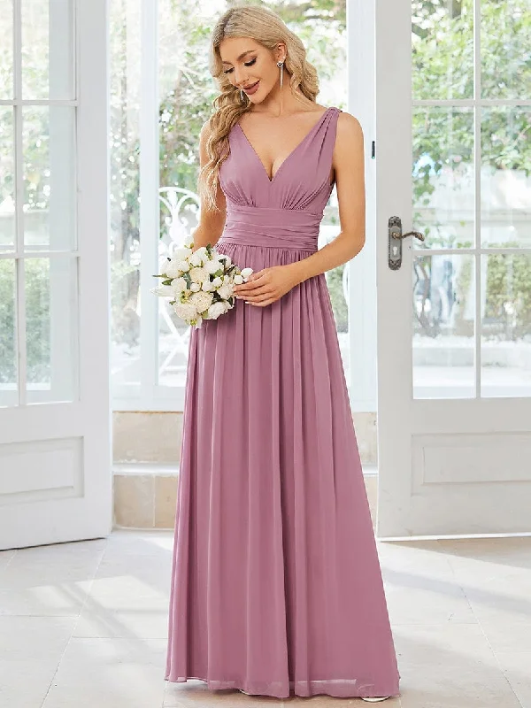 Mermaid - Style Women Dress with a Fitted Silhouette for Special OccasionsSleeveless V-Neck Plain Chiffon Maxi Bridesmaid Dress