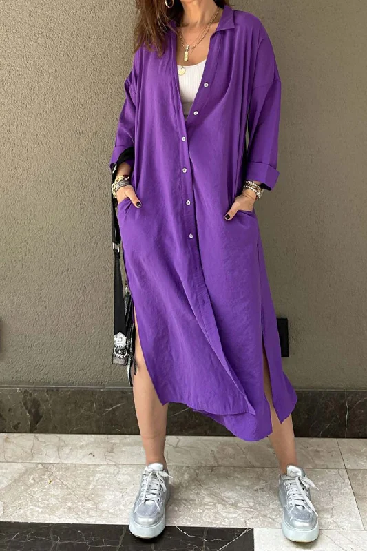 Plus Size Women Dress with a Flattering A - Line Cut for Comfort and StyleSolid Color Single-breasted Slit Shirt Dress