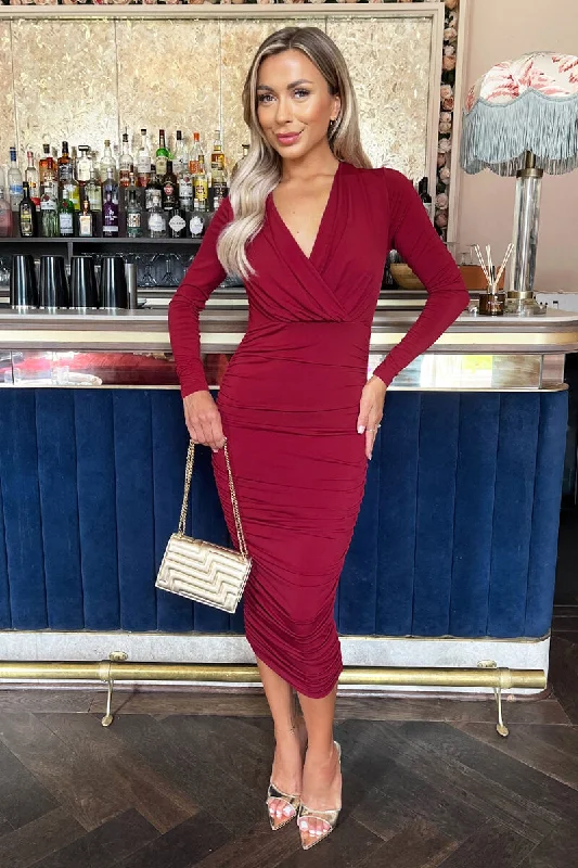 Halter Neck Women Dress to Show Off the Shoulders and NecklineWine Wrap Top Long Sleeve Ruched Bodycon Midi Dress