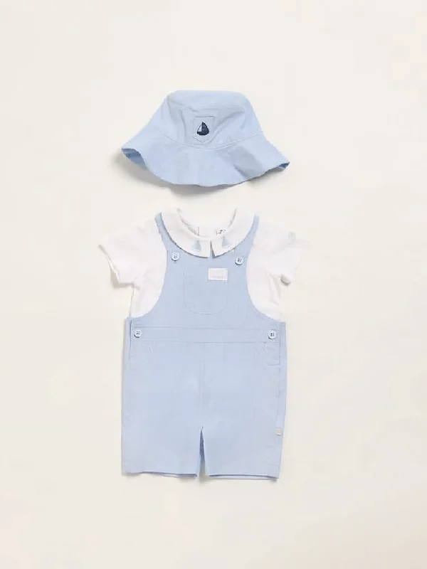 HOP Baby Blue Dungaree, T-Shirt & Hat Set