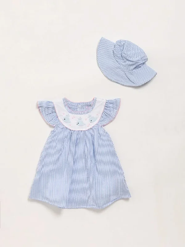 HOP Baby Blue Printed Dress with Cap