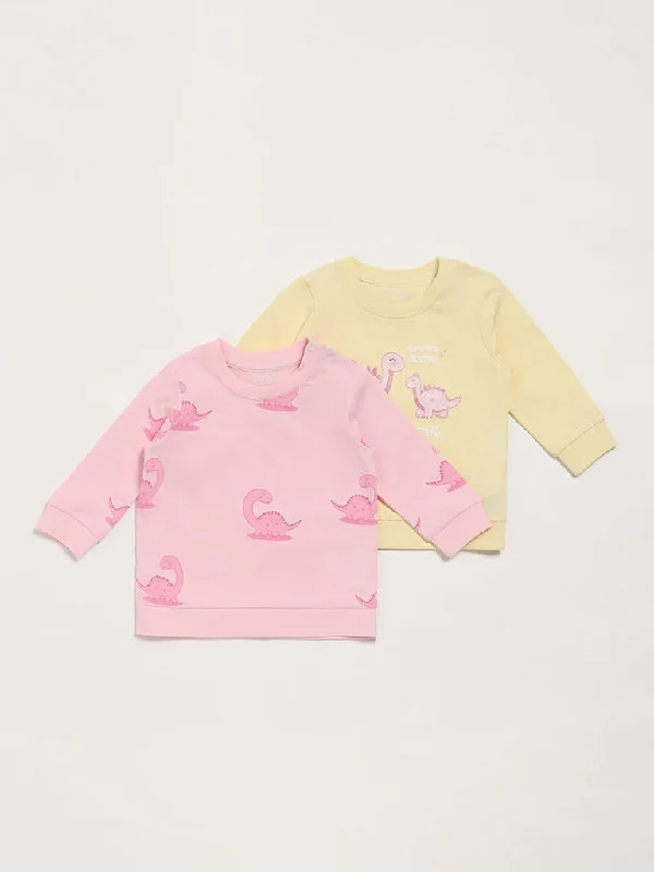 HOP Baby Dino Printed Yellow & Pink T-Shirt - Pack of 2