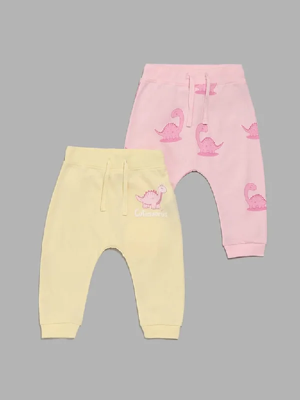 HOP Baby Pink & Yellow Dino Printed Pants - Pack of 2