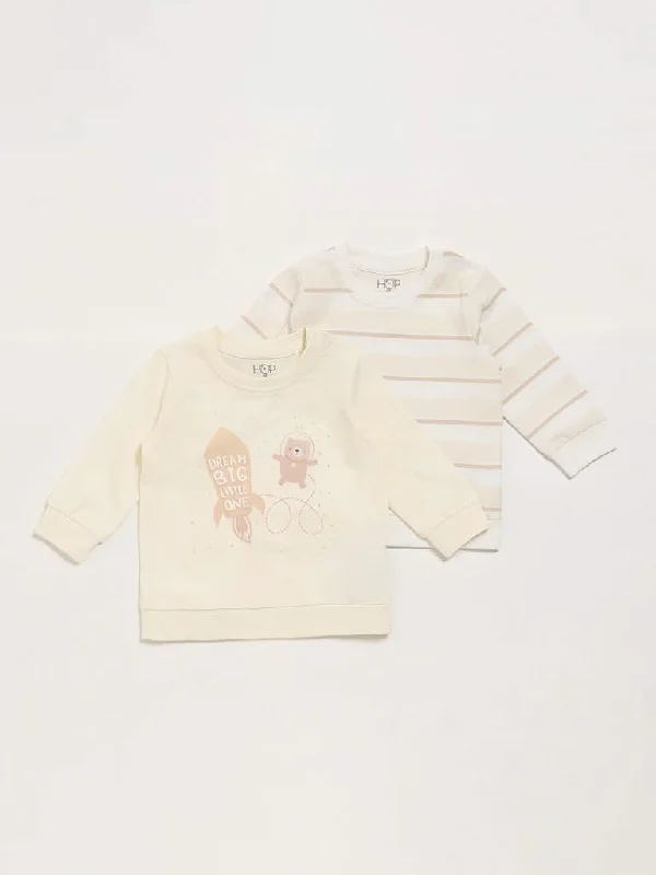 HOP Baby Printed & Striped Beige T-Shirt - Pack of 2