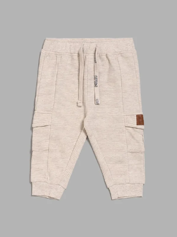 HOP Baby Self-Striped Light Beige Cargo Joggers