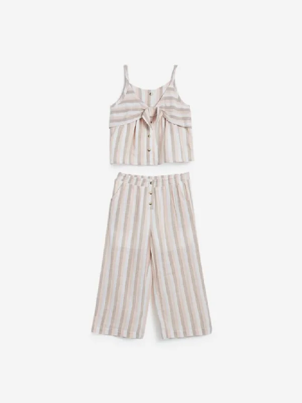 HOP Kids White Striped Top and Pants Set