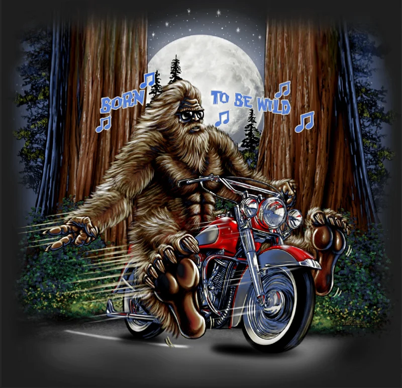 Distressed Women T Shirt with a Laid - Back AestheticAdult Sassy Biker T-Shirt (Sasquatch  on motorcycle)