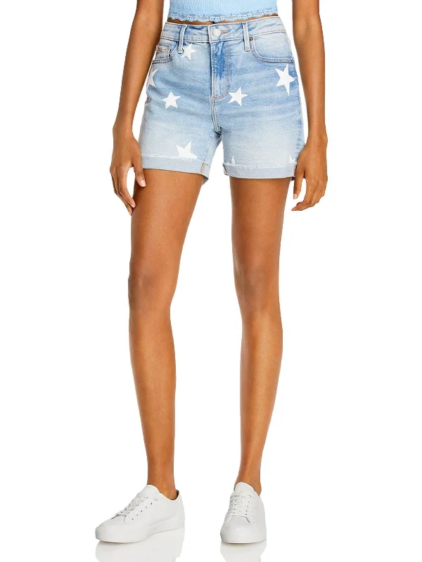 Star Womens Printed Frayed Hem Denim Shorts