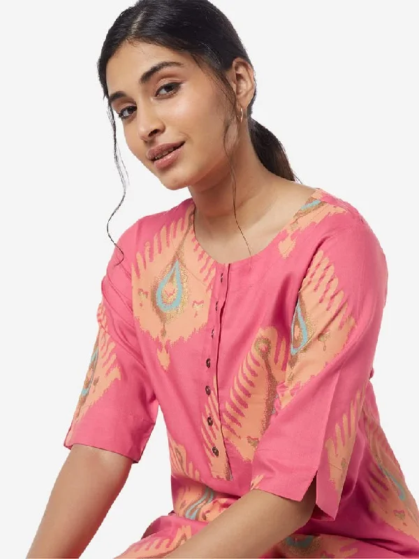 Utsa Candy Pink Ethnic Print High-Low Kurta