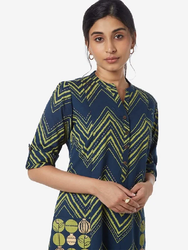 Utsa Indigo Chevron Pattern A-Line Kurta